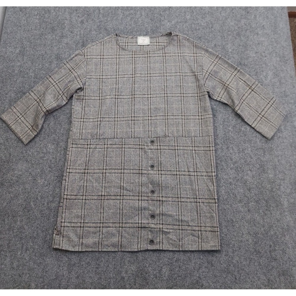 Chalet Et Ceci Top Women XS Gray Plaid Tunic Button Front Round Neck Lagenlook